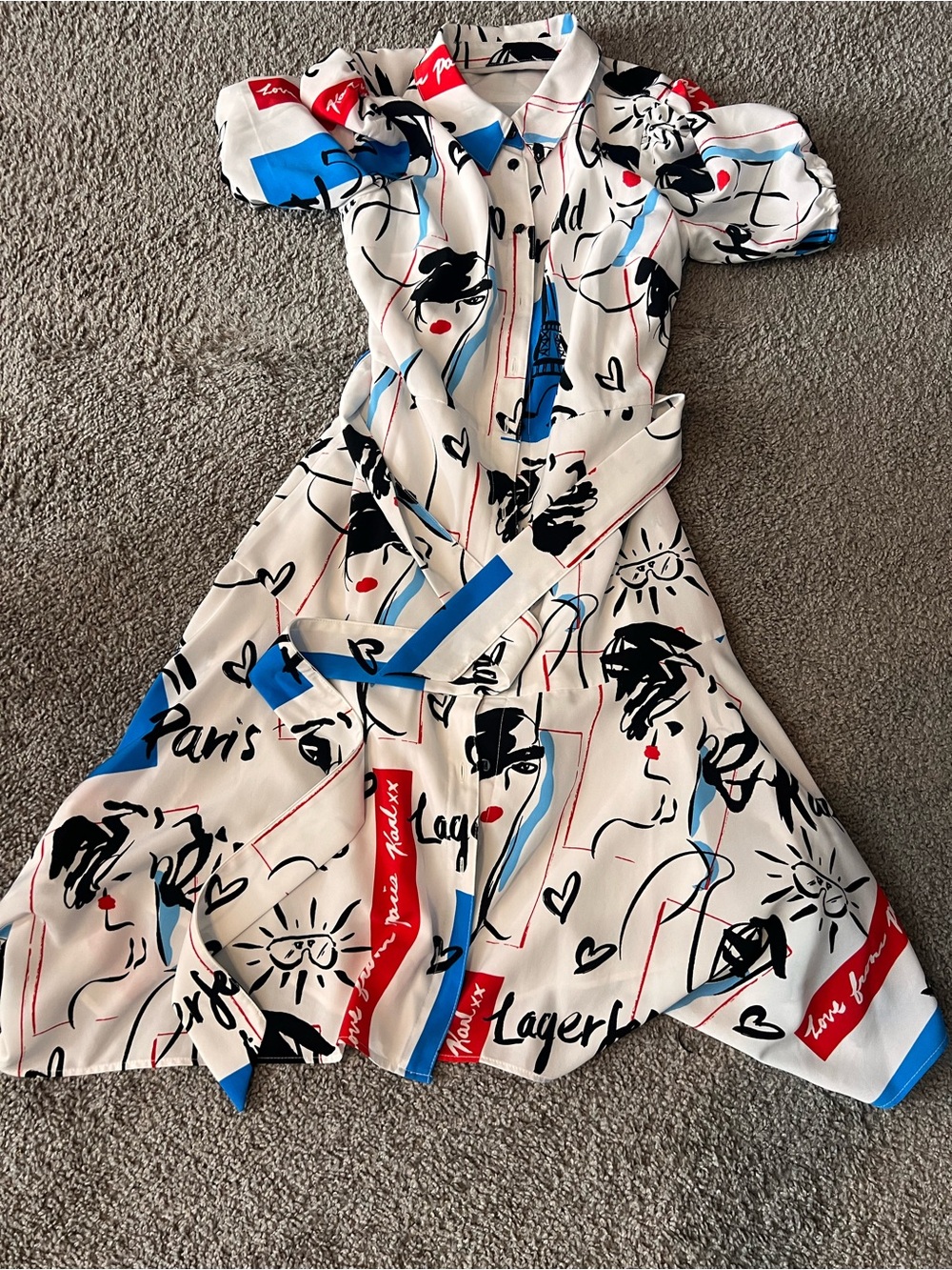Karl Lagerfeld White Maxi Dress with Black, Blue and Red Graphic Print